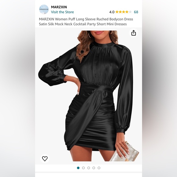 MARZXIN Women Puff Long Sleeve Ruched Bodycon Dress Satin - Picture 2 of 8